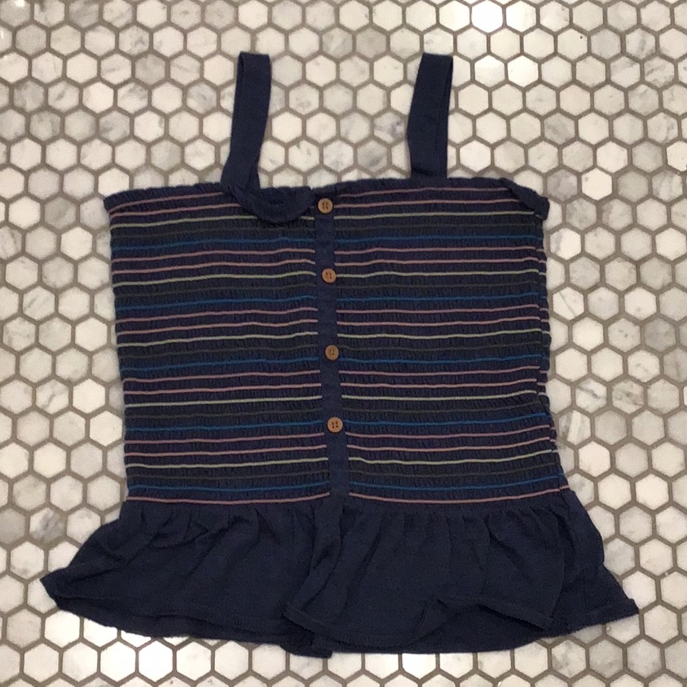 Tight tang-top with multiple colored stitched stripes.